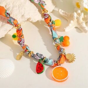 Fruit Charm Scarf Necklace – Orange & Tropical Statement